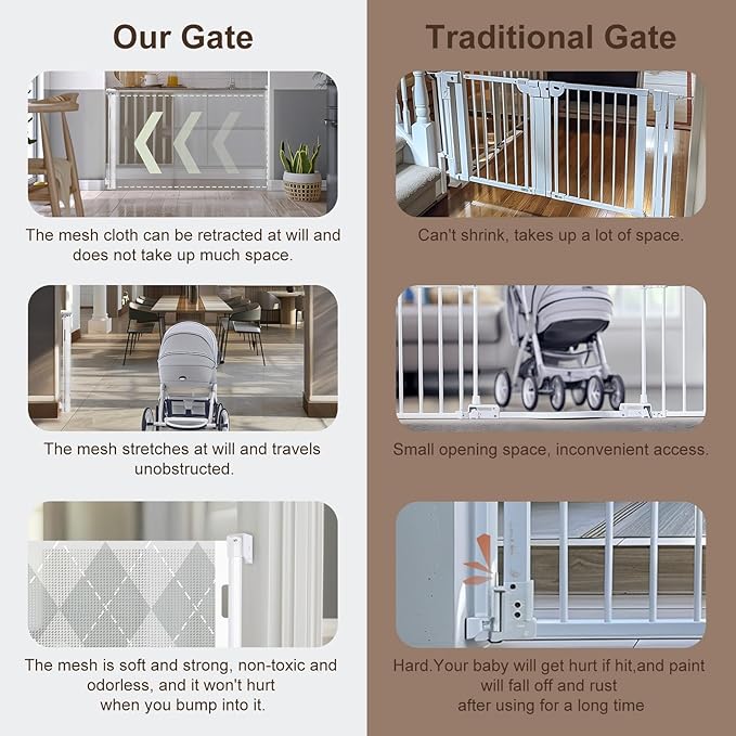 Retractable Mesh Baby Gate, 34" Tall, Extends up to 71" Wide, Child Safety Gate for Doorways, Stairs, Hallways, Indoor/Outdoor (34"x55", Grid Pattern)