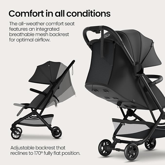 Mompush Velo Lightweight Travel Stroller, Compact & Airplane-Friendly for Baby and Toddler, Lie-Flat Seat, One-Hand Fold, with Leather Bumper Bar, Shoulder Strap, Raincover, Storage Bag & Cup Holder