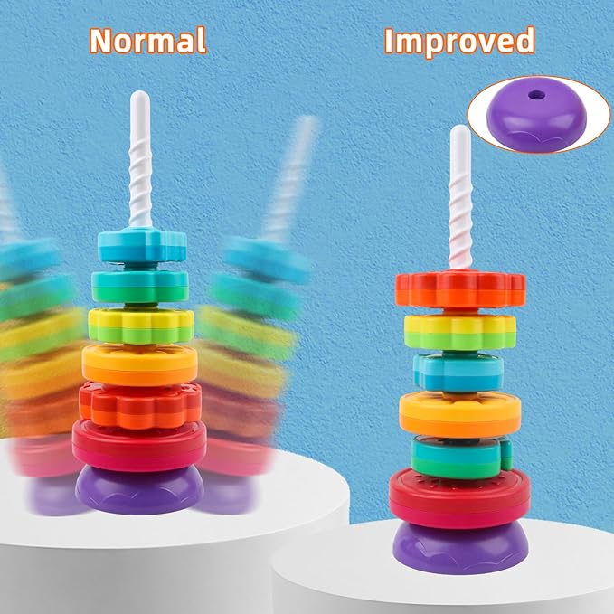 Spinning Stacking Toys for Babies 12+ Month Rainbow Ring Flowers Animals Fruits Theme Stacker ABS Toys for Toddlers 1-3 Montessori Educational Learning Sensory Toy,Stacking Toy for Kids