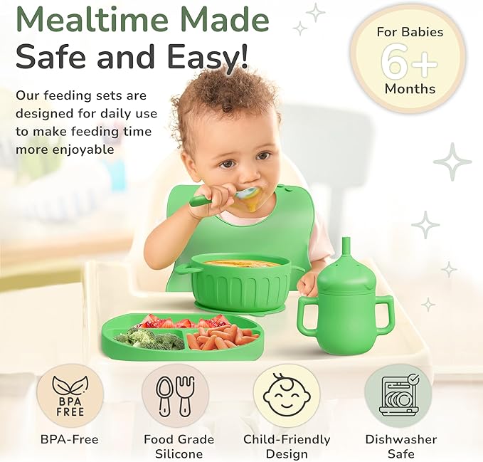 mimi & kiki BPA-Free Silicone Baby Feeding Set, Baby Plates and Bowls Set, Baby Led Weaning Supplies, Silicone Suction Plate, Baby Utensils, Bib and Cup, Self Feeding, Dishwasher Safe (Green)