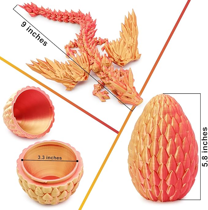 3D Printed Dragon Eggs with Articulated Fly Dragon Inside, Collectible Figurines Fidget Toy for Adults Kids Birthday Easter Christmas White Elephant Gifts for Friends Colleagues(Red Gold, M size)