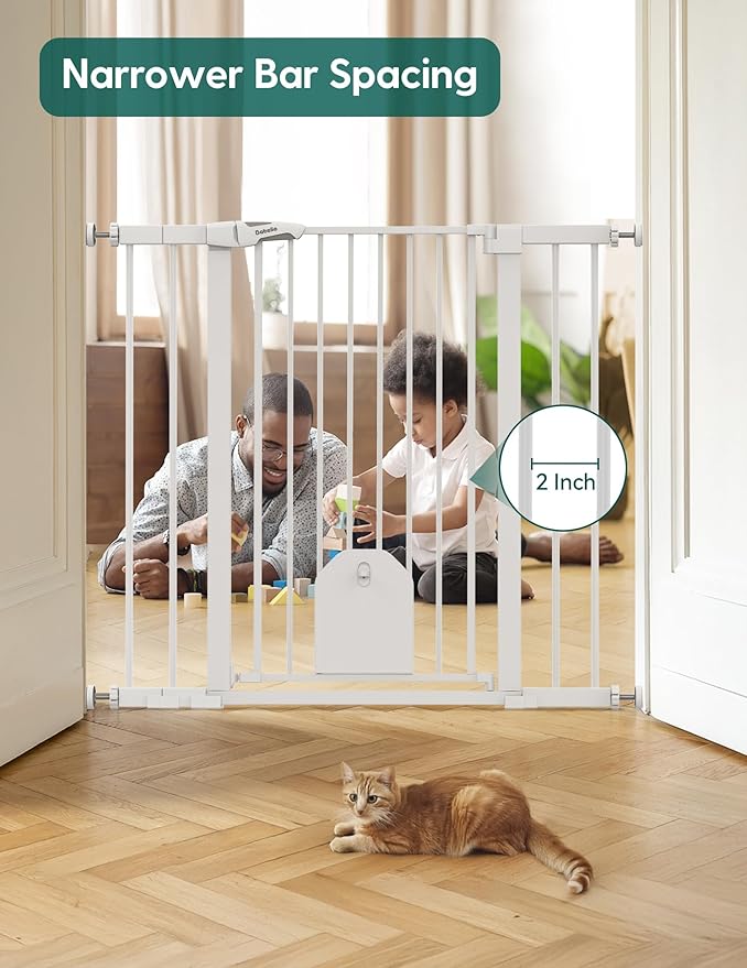 Babelio 36" Tall Auto Close Baby Gate with Small Cat Door, 29-43" Metal Cat Gate for Doorway, Stairs, House. Easy Walk Thru Dog Gate with pet Door, Includes 4 Wall Cups and 3 Extension Pieces, White