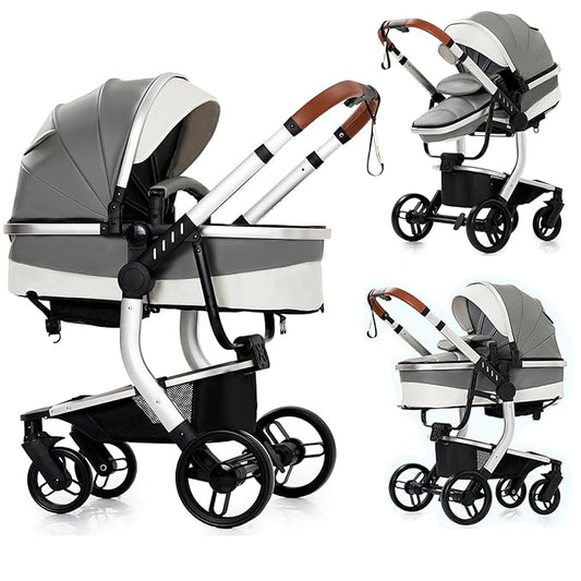 PU Leather 2 in 1 Baby Stroller, Convertible Pram, Reversible Standard Stroller, Portable Buggy, Infant Carriage, Foldable High Landscape Pushchair Toddler Newborn (2US518-Grey)