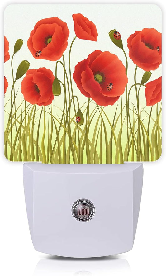 Red Flowers Night Light,Red Poppy Flowers and Ladybugs Plug-in Night Lights with Dusk-to-Dawn Sensor for Stairway/Hallway/Bedroom Sleep Friendly lamp for Women/Girls/Boys Gift,0.5W