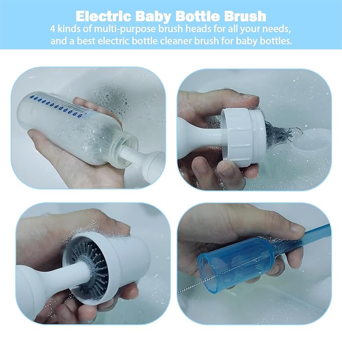 Electric Baby Bottle Brush Set with Rechargeable Electric Bottle Brush Cleaner and Replaceable Silicone Bottle Brushes and Straw Brush Cleaner, Waterproof Multi-Purpose Cleaning Brush (White)