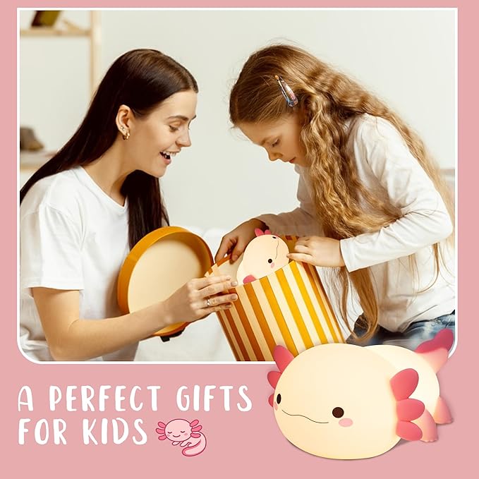 Axolotl Night Light, Cute Night Light for Kids, Animal Silicone Nursery Night Lamp, Timer Dimmable Rechargeable LED Nightlight, Soft Feeding Room Decor Bedside Lamp Gifts for Kids Girls Boys Women