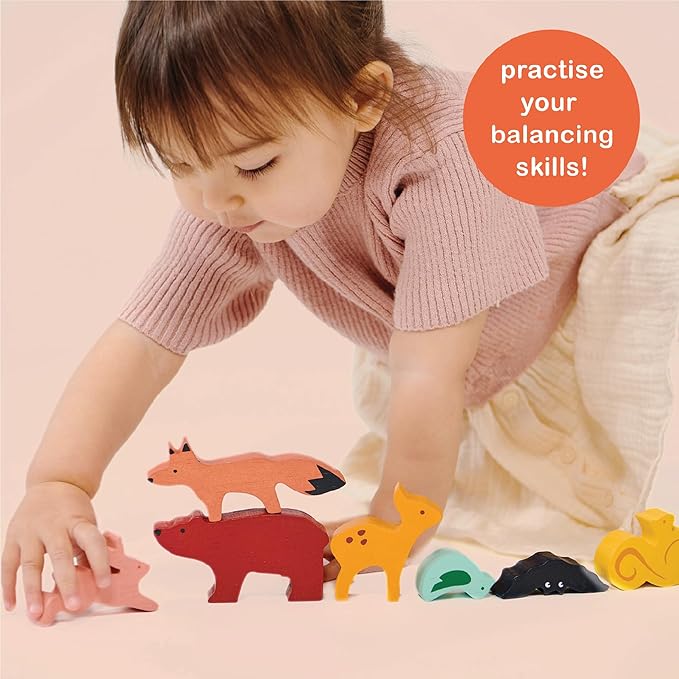 Mentari Toys - Happy Stacking Forest - 8pc Wooden Stacking Toy for Toddlers - Colorful Nature Theme Balancing Activity Toy with Bag - Boost Fine Motor Skills and Dexterity - Educational Toy - Age 18m+