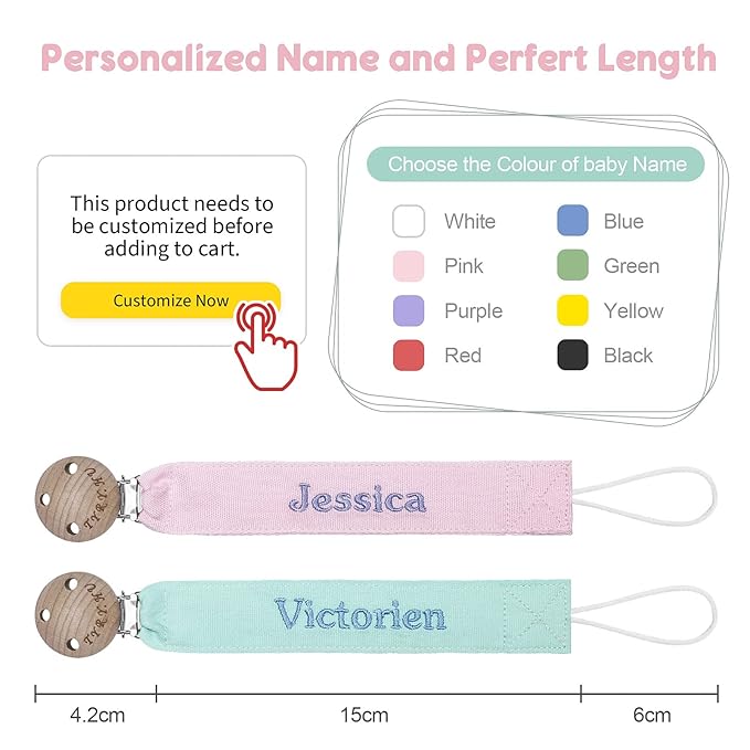 TYRY.HU Personalized Pacifier Clip with Name, Embroidery Ribbon Pacifier Holder for Baby Girls and Boys, Neutral Pacifier Leash Universally Fit All Pacifiers & Baby Toys, 2 Pack Baby Gift(Pink, Green)