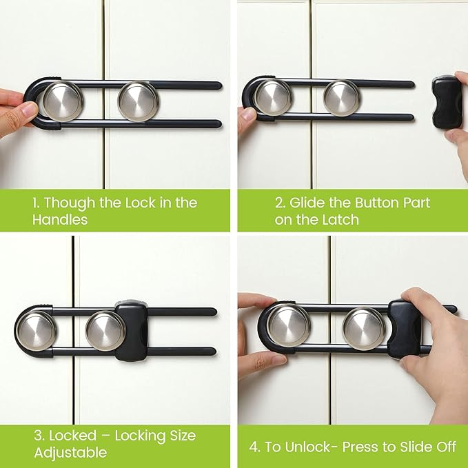 Jetec 10 Pieces Cabinet Locks for Babies, U-Shaped Proofing Drawers Safety Child Locks Adjustable, Easy to Use Childproof Latch for Knob Handle on Kitchen Door Storage Cupboard Closet (Black)