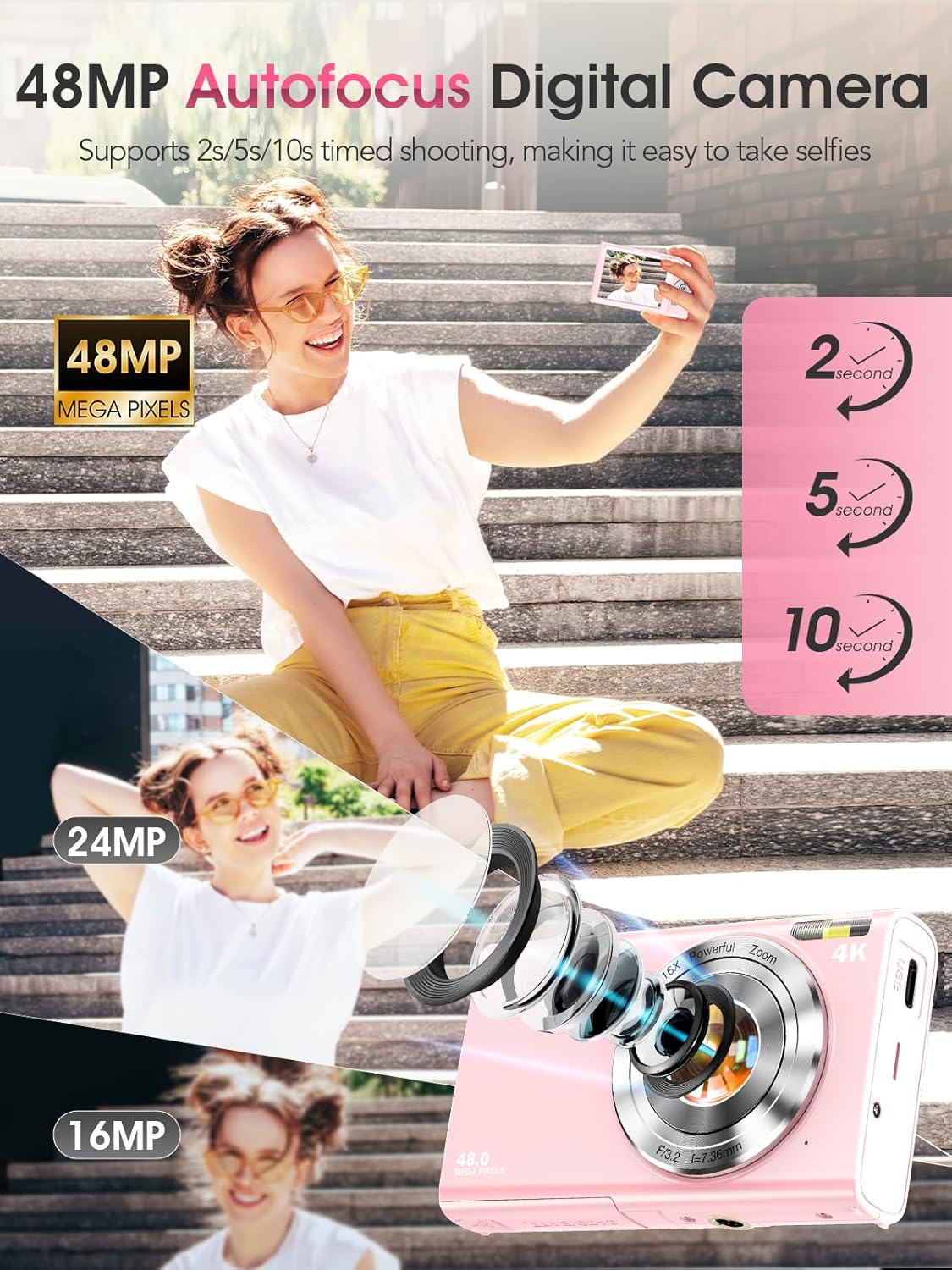 Digital Camera,Autofocus 4K Vlogging Camera for Photography with 32GB Card,48MP Portable Compact Point and Shoot Digital Camera for Teens Adult Beginner with 16X Zoom,Anti-Shake,2 Batteries(Pink)