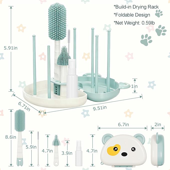 Baby Bottle Brush Set - 7 in1 Travel Bottle Cleaner Kit with Silicone Brush, Nipple Brush, Straw Brush, Bottle Drying Rack, Soap Dispenser, Storage Box, Baby Travel Essential Gift for Parents (Green)