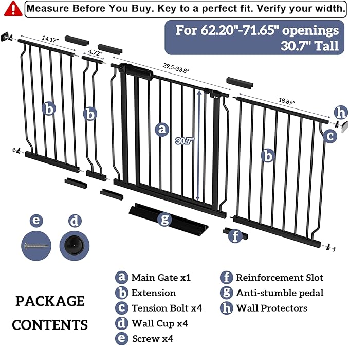 Extra Wide Baby Gates for Doorways 62.20"-71.65" Extra Wide Baby Gate Dog gate Pressure Mounted No Drilling with Walk-Through, Auto-Close & Dual-Direction Swing for Large Wide Opening Black