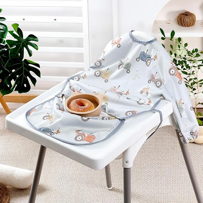 2-Pack Long Sleeve Baby Bib,Coverall Baby Bibs for Eating,Waterproof,Attaches to Highchair&Table,Ages 1 to 3 Years