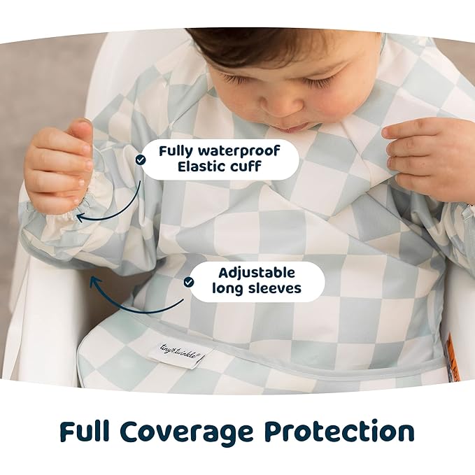 Tiny Twinkle Long Sleeve Bib for Babies & Toddlers – 2 Pack Waterproof Smock Bibs for Eating – Machine Washable & Mess-Proof, Baby Feeding Essential & Shower Must-Have (Toile,Bows, 6-24M)