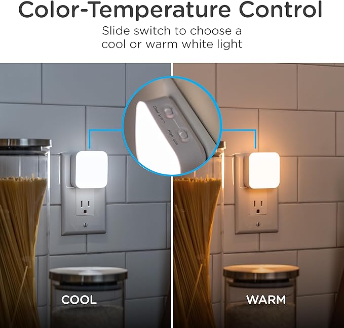 Lights By Night Dimmable LED Night Light, Plug-in, Dusk to Dawn Sensor, Adjustable, Compact, 4 Settings, Ambient Lighting, for Kids or Adults, Bedroom, Bathroom, Nursery, Hallway, 4 Pack, 82180