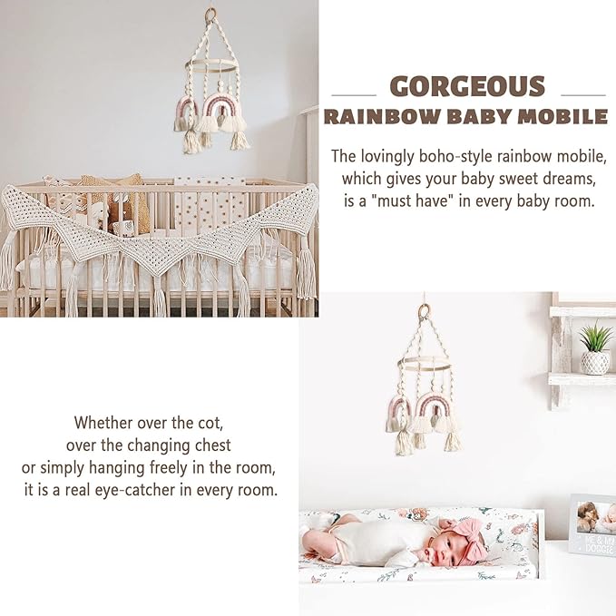 Baby Mobile for Crib - Rainbow Baby Mobile - Crib Mobile for Girls - Boho Crib Mobile - Boho Nursery Decor - Mobile for Bassinet, Pack N Play - Pink