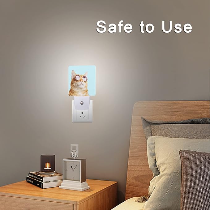 Glasses Cat Night Light Plug-in LED Nightlights Auto Sensor Night Lamp Dusk-to-Dawn Lamp Home Decor for Nursery Children Girls Boys