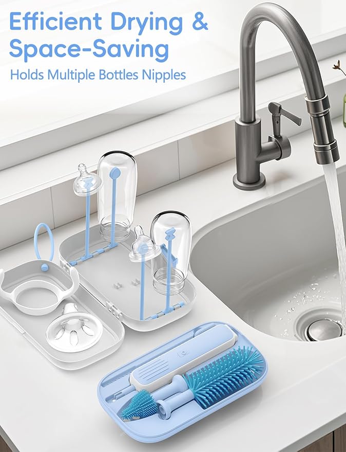 Electric Baby Bottle Brush Cleaner, Baby Travel Bottle Cleaner Kit- 2000mAh Rechargeable Silicone Brush, Drying Rack, Compact Storage Box, 360° Efficient Cleaning Bottle Brush for Home & On-The-Go