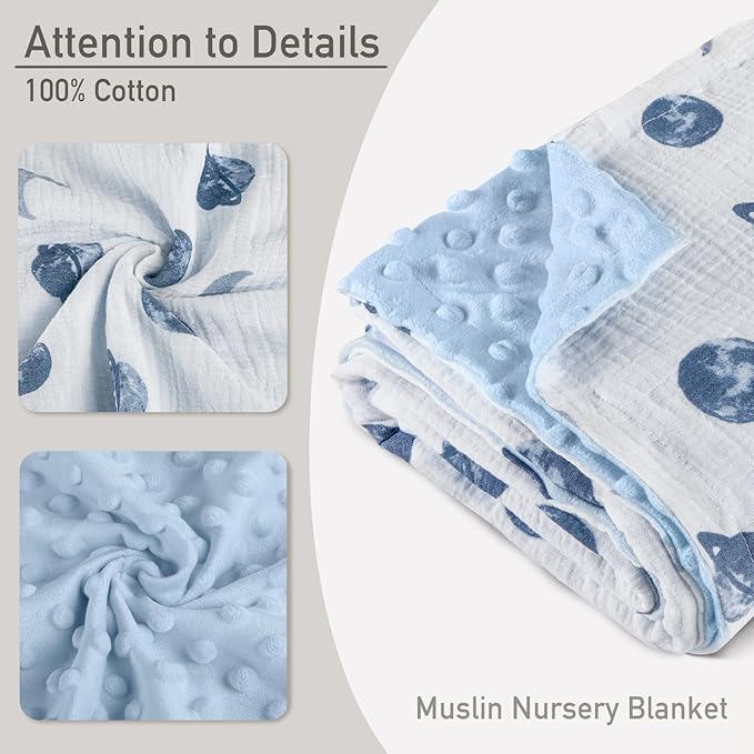 GLLQUEN BABY Blankets for Unisex Boys Girls, 2-Pack Muslin Cotton Front Soft and Breathable, and Dotted Fleece Backing, Printed Bed Nursery Minky Blankets for Toddler Newborn, Space, 30 x 40 inches