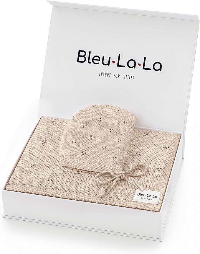 Organic Pointelle Baby Blanket + Hat Gift Set for Boys & Girls - 100% Soft Luxury Cotton Swaddle Blanket + Bonnett Registry for Newborns & Infants (Oatmeal + Hat)