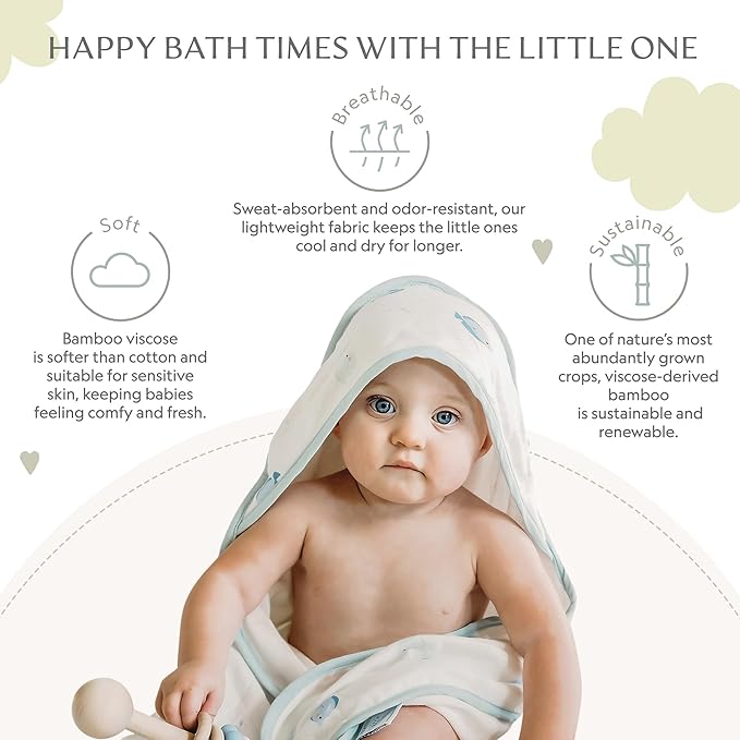 Bamboo Viscose Baby Hooded Towel & Washcloth Set for Babies and Toddlers, Soft & Absorbent, 70% Viscose from Bamboo, 30% Cotton Muslin - Imported (Fish)
