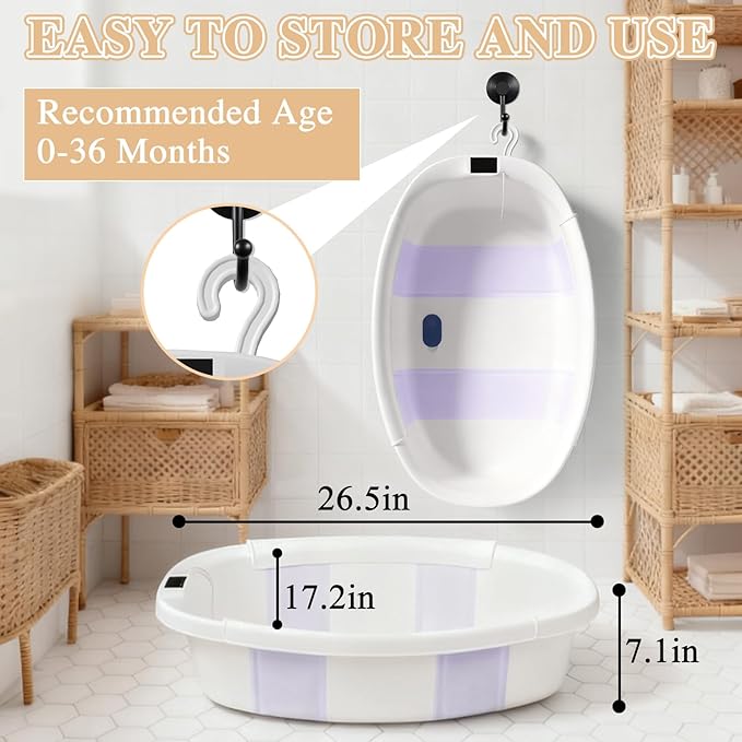 Baby Bathtub, Baby Bath Tub with Thermometer & Soft Cushion, Collapsible Infant Bathtub for Newborn to Toddler 0-36 Months, Quick Use & Portable for Travel(Purple)
