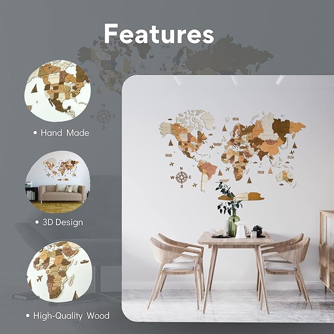 Wooden World Map 3D Art Large Wall Decor - Size (M & L & XL) Any Occasion Gift Idea - Wall Art For Home & Kitchen or Office (CALIFORNIA, 83,86" x 44,49")