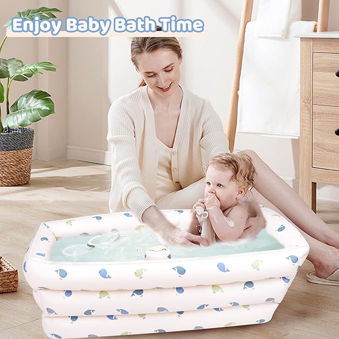 Inflatable Baby Bathtub with Built-in Air Pump, Portable Bathtub for Babies 1-5 Years Old, Small Ball Pool, Foldable Bath Tub for Travel, 30.7 x 14.6 Inch (Whale)