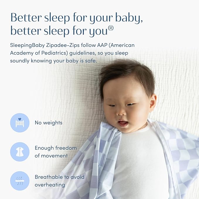 SleepingBaby Zipadee-Zip Transition Swaddle - Cozy Baby Swaddle Blanket with Zipper Convenience - Roomy Wearable Blanket for Easy Diaper Changes - Lavender Check, Large (12-24 Month)