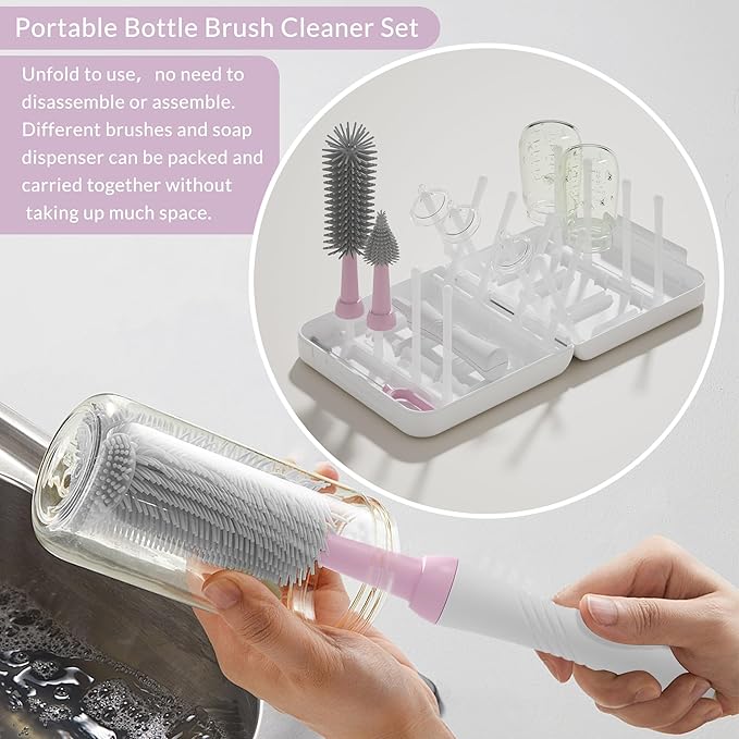 Portable Baby Bottle Brush Set with Multiple Brushes,Soap Dispenser, Foldable Bottle Drying Rack for 16 Bottles, Bottle Cleaner Brush Set for Bottles and Baby Accessories, Baby Travel Essential