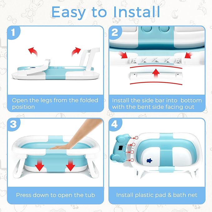 Baby Bathtub, Collapsible Newborn Bathtub for Infant to Toddler 0-24 Months with Soft Bath Net,Portable Travel Newborn Tub with No-Slip Feet, Baby Shower Gifts,Sky Blue