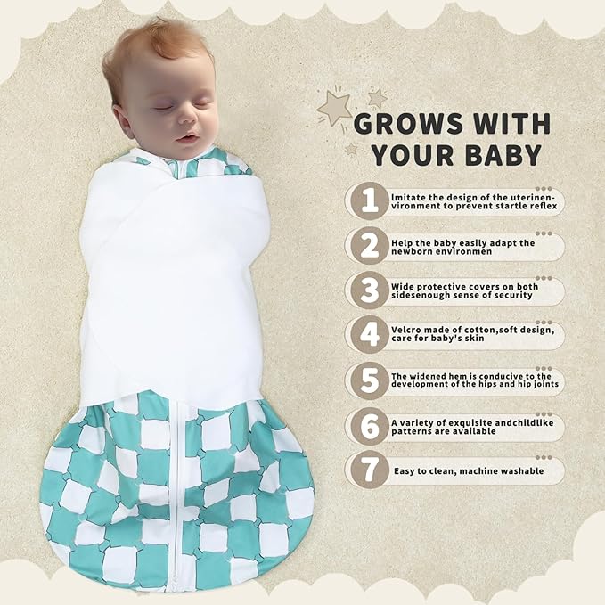 Newborn Sleep Sack Baby Swaddle,3-Way Adjustable Wearable Blanket,100% Rayon Cotton Swaddling Sleeping Bag. (Bohemia&Checkered, 3-6 Months)