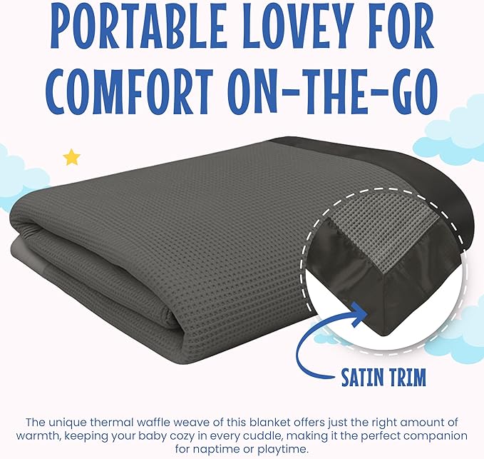 Thermal Waffle Knit Baby Blanket - Soft Breathable Mini Blanket for Newborns and Infants - Toddler Blankey for Strollers, Travel, Naptime, Nursery and More - 18" x 20" (Gray, Satin Trim)