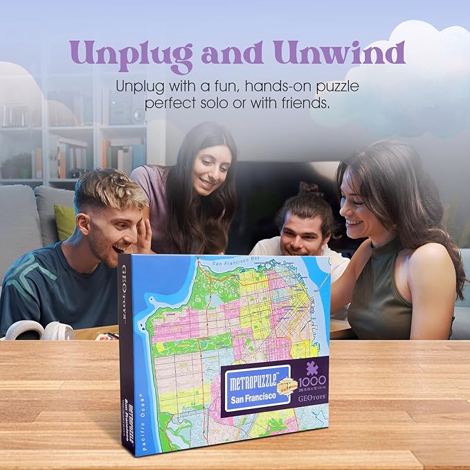 GeoToys Metropuzzle, San Francisco Jigsaw Puzzles 1000 Pieces - 27 x 19 Detailed Geography Puzzle, Challenging Adult Puzzle, Fun Puzzles for Adults, Map Poster Included for Adults