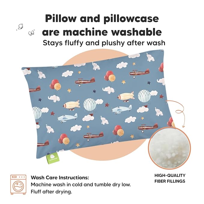 Toddler Pillow with Pillowcase - 13x18 My Little Dreamy Kids Travel Bed Pillows for Sleeping, Organic Cotton Small Pillowcase, Soft & Breathable, Machine Washable, Toddlers 2-5 Years Old (Up & Away)