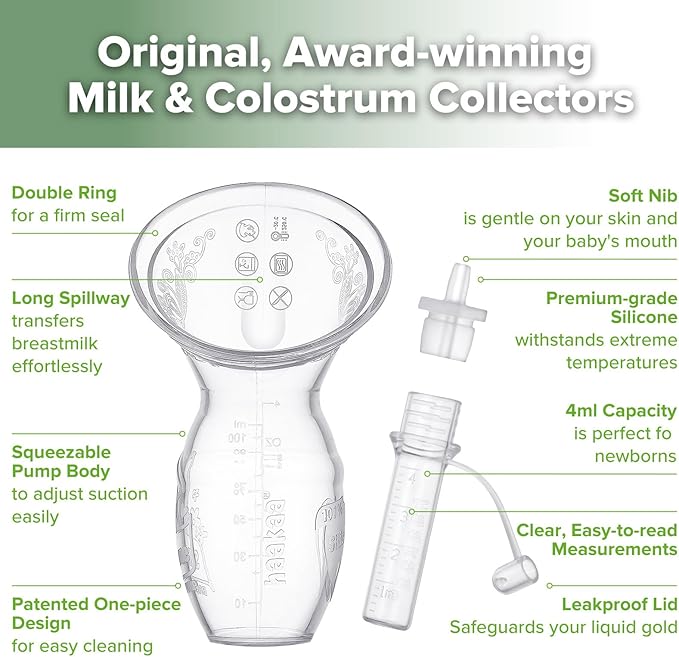haakaa Gen.1 Manual Breast Pump 100ml/4oz. & 4ml Colostrum Collectors (6pcs) Combo - Liquid Gold Collection Set, Flexible & Soft Silicone Breast Milk Collector with Ready-to-use Colostrum Syringe