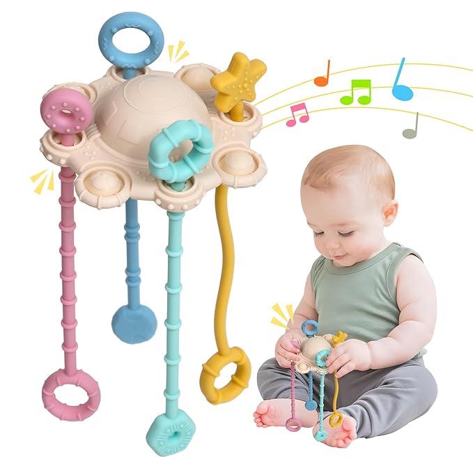 Montesorri-Toys - Montessori Pull String Toy - Made of 100% Food Grade Silicone with Built-in Rattle Function and Easy to Clean Design (Cream Color)