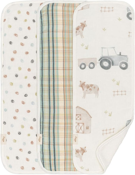 Crane Baby Burp Cloths Set, 3-pc. Charlie Farmhouse Tractor Collection, Soft 100% Cotton Muslin Burp Cloths for Baby Boys and Girls, Farm Nursery Décor