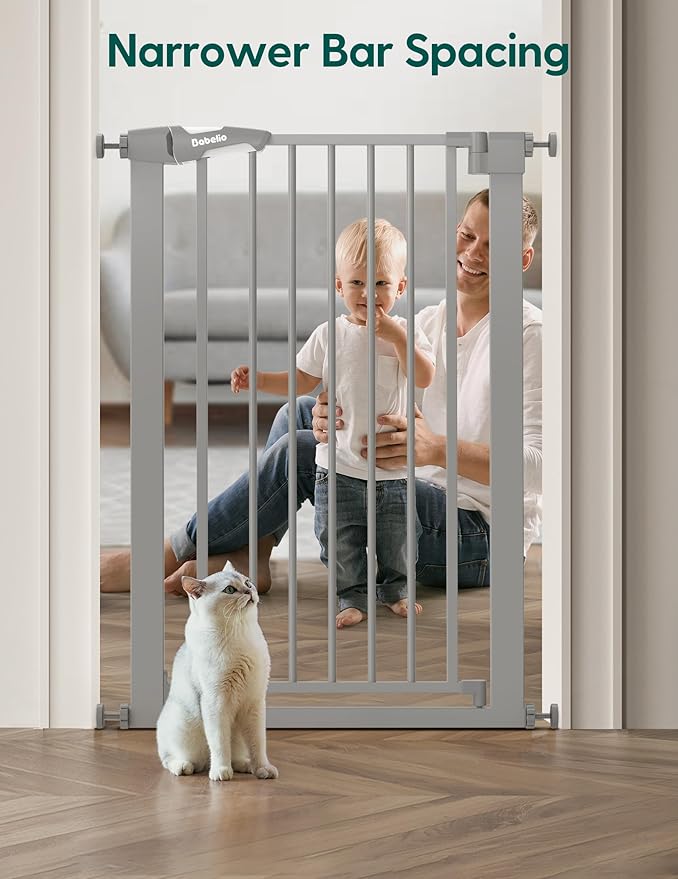 BABELIO 36" Tall Narrow Baby Gate, 26-28.5" Auto-Close Metal Dog Gate for Small Stairs/Doorways/Hallways, NO Drilling Pressure Mounted for Child and Pets, NO Extensions, Gray