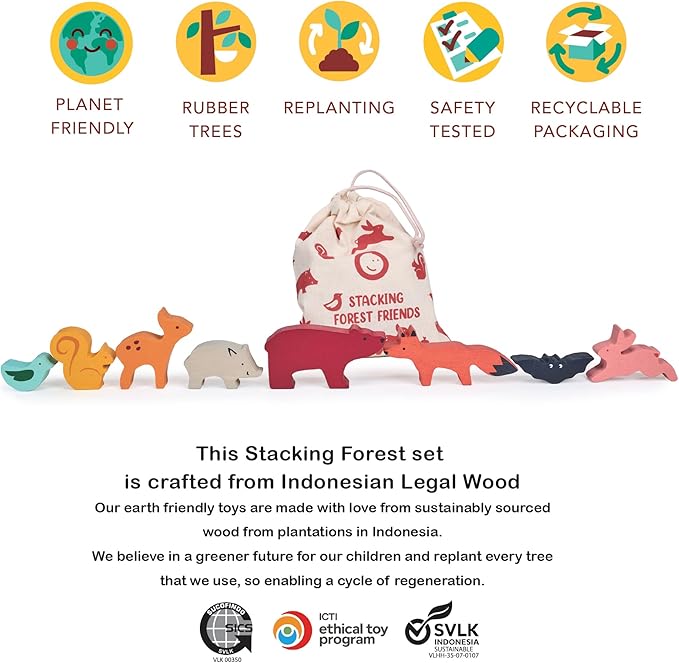 Mentari Toys - Happy Stacking Forest - 8pc Wooden Stacking Toy for Toddlers - Colorful Nature Theme Balancing Activity Toy with Bag - Boost Fine Motor Skills and Dexterity - Educational Toy - Age 18m+