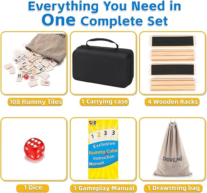 Upgraded Rummy Cube Game Set 4 Players with 4 Wooden Holders and 108 Rummy Melamine Tiles, Travel Family Board Game for Adults and Kids