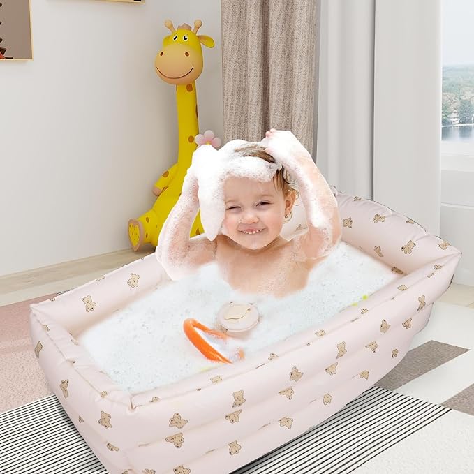 Inflatable Baby Bathtub with Built-in Air Pump, Portable Bathtub for Babies 0-5 Years Old, Small Ball Pool, Foldable Bath Tub for Travel, 30.7 x 14.6 Inch (Bear Head)