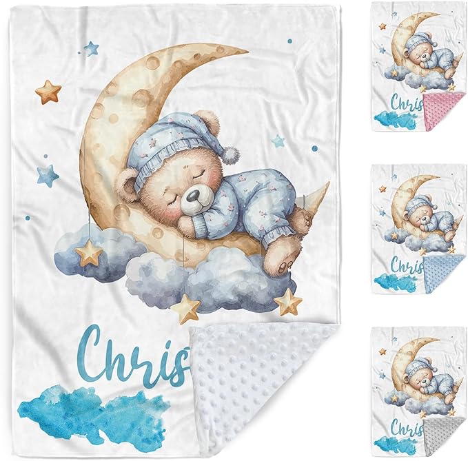 Customized Baby Blanket, Personalized Newborn Blankets with Name, Soft Receiving Blanket for Boys Girls, Blue Bear Double Layer Dotted Swaddle, Nursery Toddler Baby Shower Infant Gifts(60"x80")