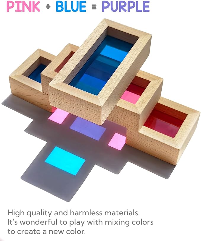 Wooden Building Blocks with Rainbow Acrylic Windows - 24pc Classic Montessori Stacking Set - Screen-Free Educational STEM Construction Toys for Toddlers Ages 18M+