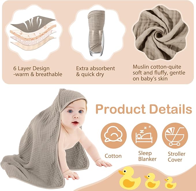 Peryiter 6 Pcs Muslin Hooded Baby Towels, 32"x 32" Cotton Newborn Bath Towel Muslin Infant Baby Blankets Absorbent Unisex Newborn Registry Gift Essentials for Girls Boys(Brown and Pink Series)