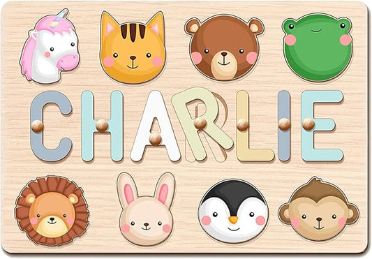 Name Puzzle for Kids Personalized, Wooden Name Puzzles for Toddlers 1-3, Engraved Text Greetings on Back, Custom Baby 1st Birthday Gifts for Girl&Boy, Kids Sensory Toys (Name Puzzle)