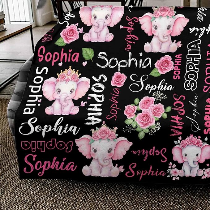Custom Name Blanket for Baby Girls Boys, Cute Elephant & Flower Pattern Blanket for Newborn New Mom, Ultra-Soft Cozy Fleece Blankets for Baby Shower Kids Toddlers, Gifts for Boys & Girls Kids Teens