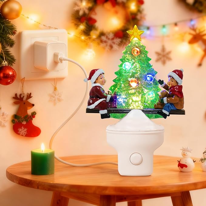 Christmas Tree Night Light Plug into Wall USB Portable Christmas Decorative Night Light Decoration for Kids Adults Bedroom Kitchen Living Room Holiday Decor (Children Seesaw)