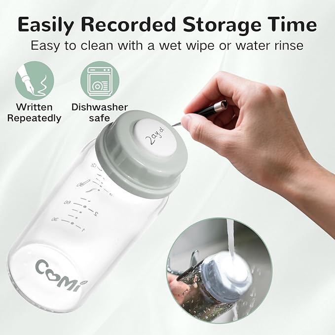 COMI Natural Glass Baby Bottle,Standard Neck Breastmilk Storage Bottle for Fridge,Breast Milk Container,Breast Pump Bottle Compatible with Medela Breast Pump,BPA Free,6PCS (5oz,6 Gray Lids)