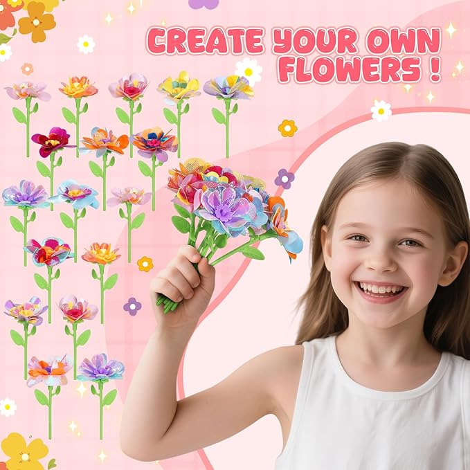 Crelloci DIY Flower Accessories Refill Pack for Kids – Fabric Petals and Flower Parts to Mix & Match – Craft Supply Kit for Making Colorful Bouquet Gifts – STEM Art Toy for Girls Ages 3+